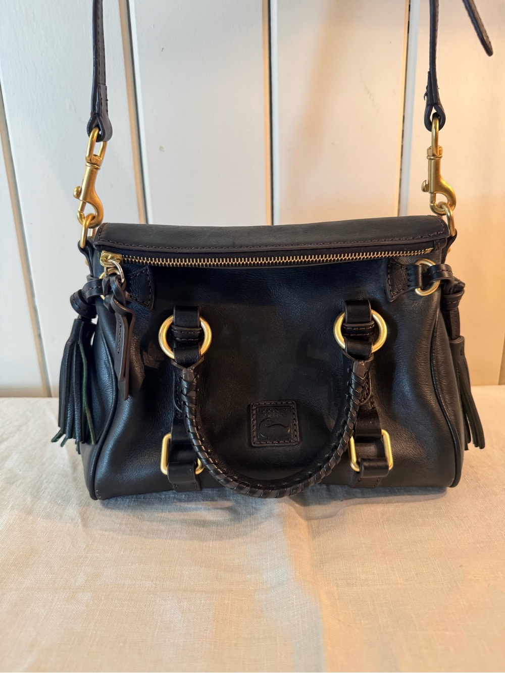 Dooney & Bourke Black Leather Satchel Crossbody Bag Tassels Brass Florentine